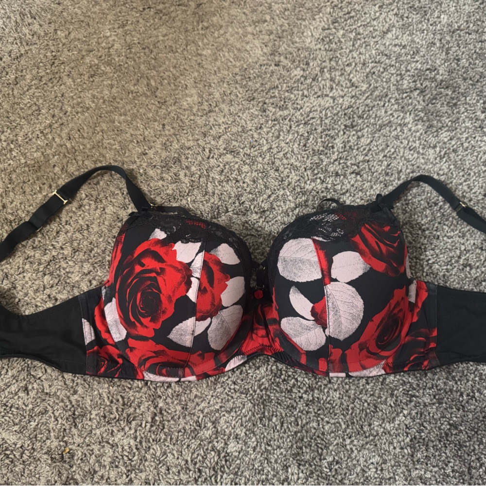 Red and Black Floral Bra